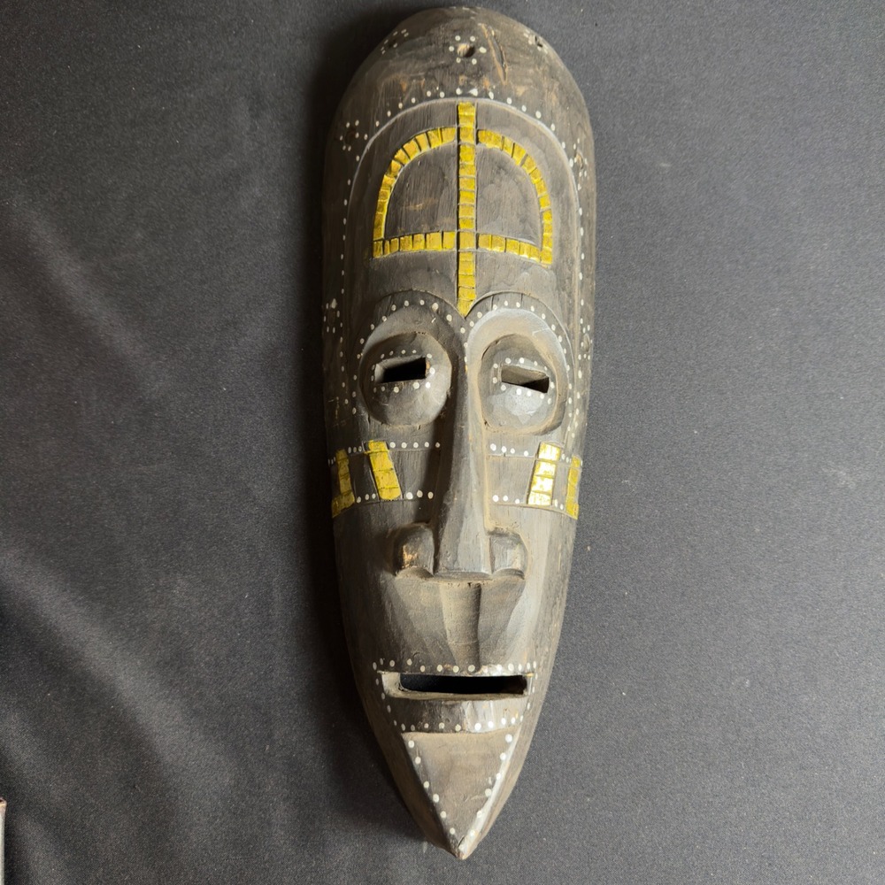 Hand Carved Tribal Wooden Mask Wall Hanging Decor Black Yellow White 19.5 Inch
